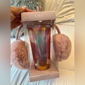 ✨ Iridescent Tumbler with Straw + Pink Fuzzy Earmuffs | Gift Set by XIIx